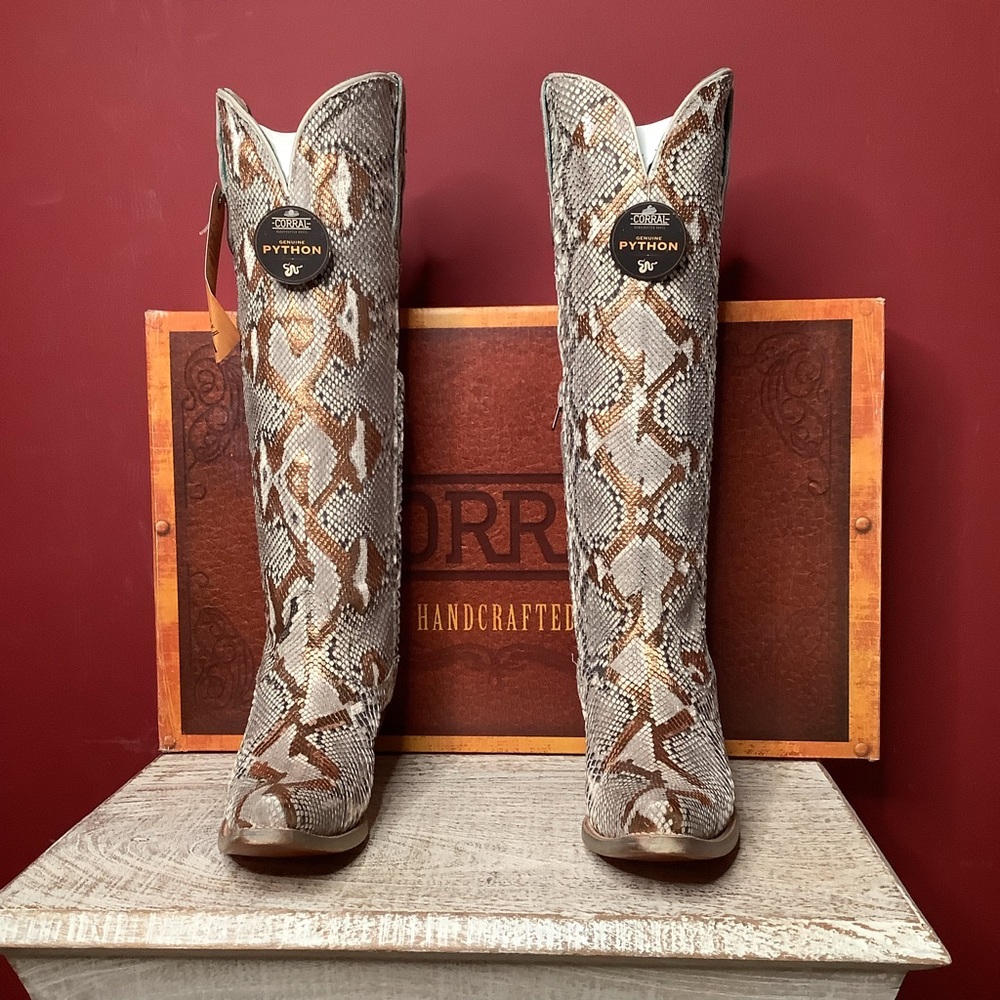 Corral Python Snake Skin Hand Painted Gold Accents Tall Top Western Boots 2”Heel - Picture 3 of 14